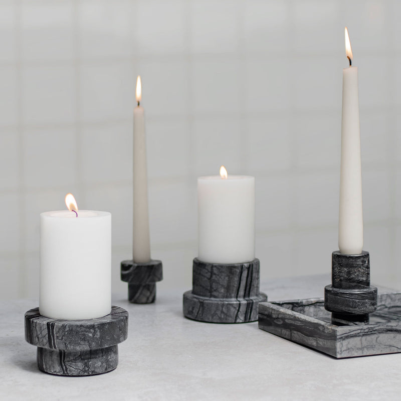 MARBLE block candleholder, tall, Black / Grey